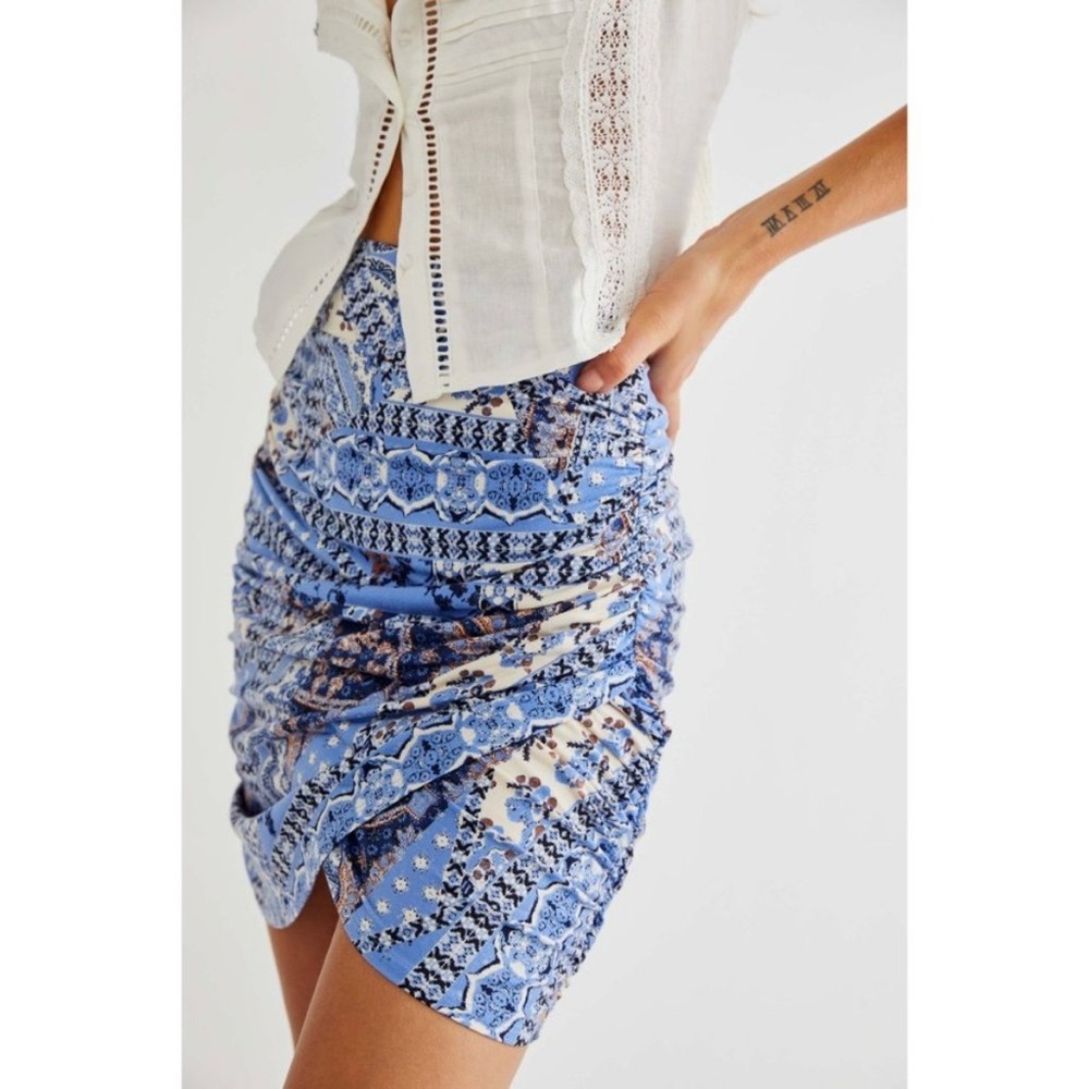 Free People Shes Something Else Mini Skirt True Blue Combo Sz M Ruched Layers